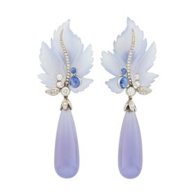 Pair of White Gold, Blue Chalcedony, Cabochon Sapphire, Diamond and Carved Blue Crystal