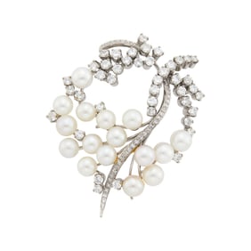 Platinum, Cultured Pearl and Diamond Brooch