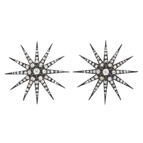 Pair of Antique Silver, Gold and Diamond Starburst Brooches
