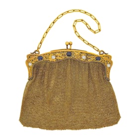 Antique Gold, Platinum, Sapphire and Diamond Mesh Purse with Carrying Chain