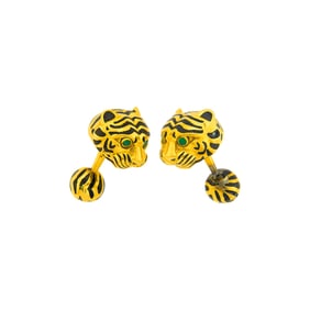 David Webb Pair of Gold, Enamel and Emerald Tiger Cufflinks