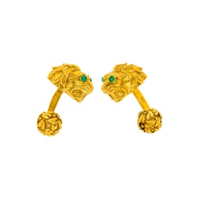 David Webb Pair of Gold and Cabochon Emerald Lion Head Cufflinks