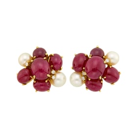 Seaman Schepps Pair of Gold, Cabochon Ruby, Cultured Pearl and Diamond 'Bubble' Earclips
