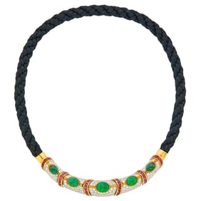 Two-Color Gold, Cabochon Emerald, Ruby, Diamond and Braided Cord Necklace