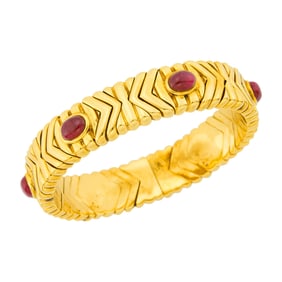 Gold and Cabochon Ruby Cuff Bracelet
