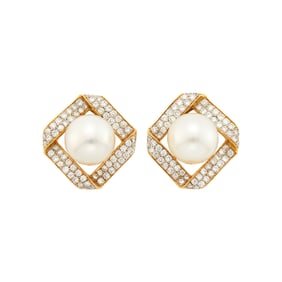 Pair of Two-Color Gold, South Sea Cultured Pearl and Diamond Earrings