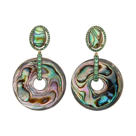 Goshwara Pair of Gold, Abalone Pearl and Green Garnet Pendant-Earrings
