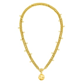Double Strand Gold and Diamond Circle Link Chain Necklace with Gold and Diamond Ball Pendant