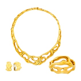 Gold Necklace, Bangle Bracelet and Pair of Earclips