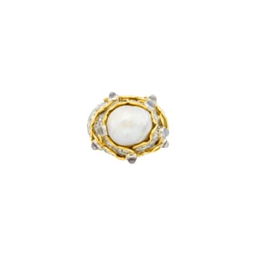 Gold, Platinum, Baroque Cultured Pearl, Diamond and Moonstone Dome Ring