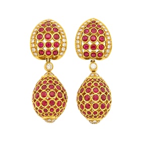 Pair of Gold, Ruby and Diamond Pendant-Earrings