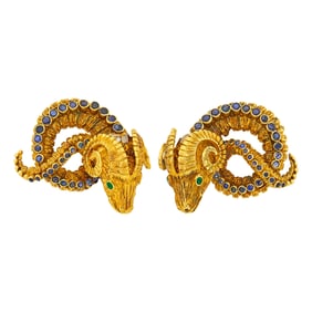Ilias Lalaounis Pair of Gold and Gem-Set Ram's Head Earclips