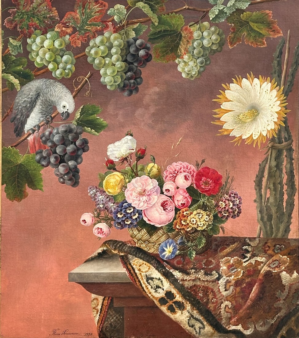 Continental School: Still Life, 1826 Signed and dated Thea Sommer 1826 (ll) Oil on canvas 31 x 27 inches Frame 37 1/2 x 33 inches