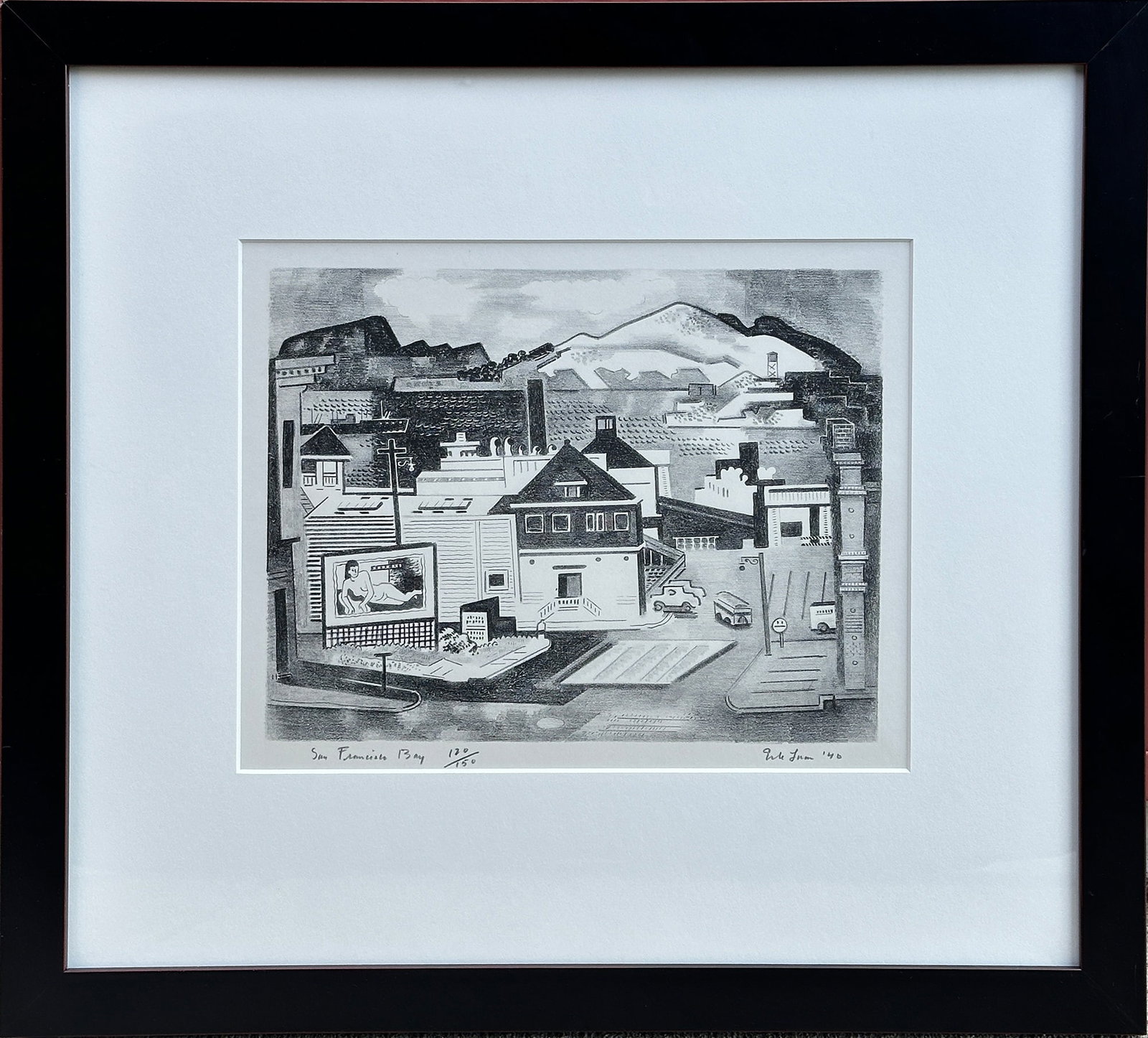 Erle Loran (1905-1999): Estate / Collection: The Collection of Tony Fusco & Robert Four SAN FRANCISCO BAY Lithograph, 1940, signed, titled, dated and numbered 120/150 in pencil, framed. Image 9 1/8 x 12 inches; 232 x 305