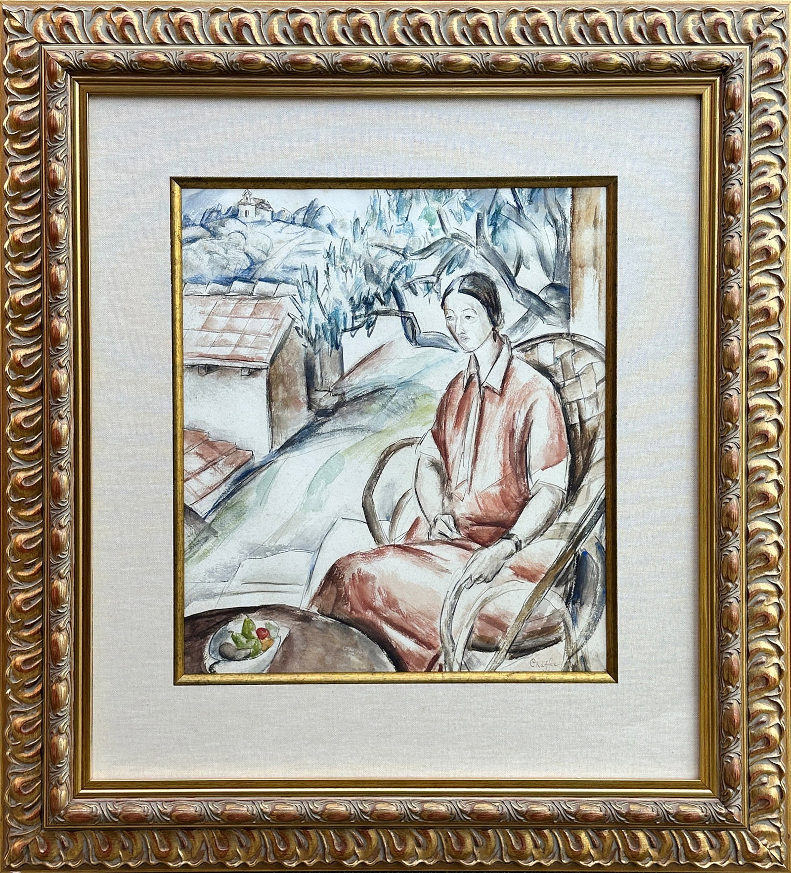 Oliver Newberry Chaffee: American, 1881-1944 Portrait of the Artist's Wife, Ada Gilmore in Vence Signed Caffee (lr) Watercolor on paper Sight 15 1/2 x 14 inches Frame 28 x 26 inches