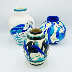 Three Charles Catteau for Boch Freres Keramis Art Deco Bird Vases