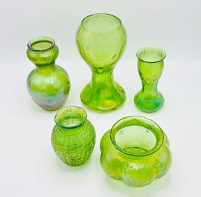 Group of Five Green Iridescent Art Glass Vases