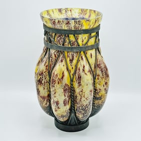 French Art Deco Glass and Iron Vase
