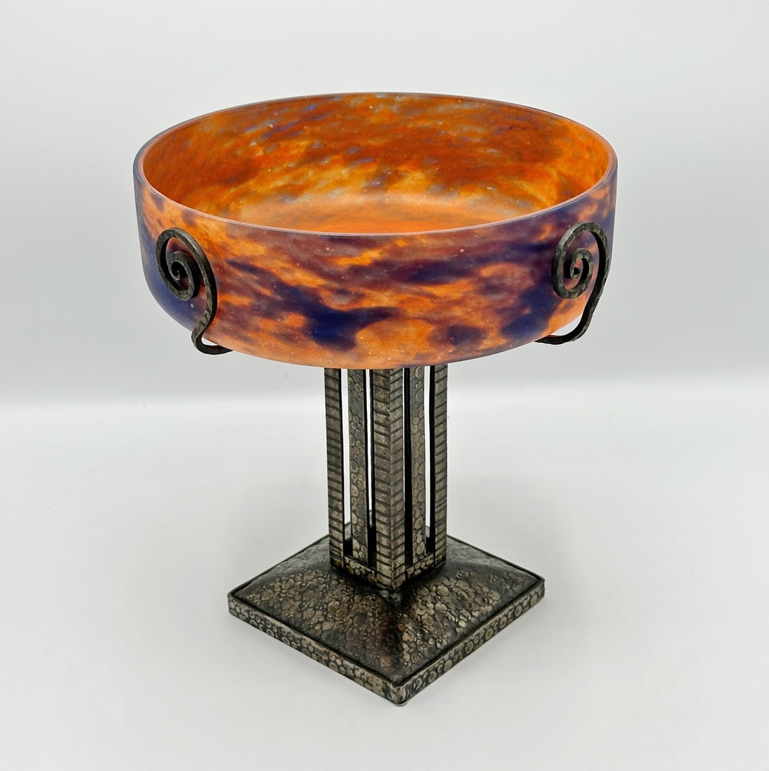 French Art Deco Glass and Iron Centerpiece Bowl: Attributed to Muller Freres, Luneville. Reportedly signed. Height 11 inches.