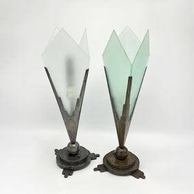 Two John Salterini Wrought Iron and Frosted Glass Table Lamps