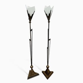 Pair of John Salterini Wrought Iron and Frosted Glass Torchieres
