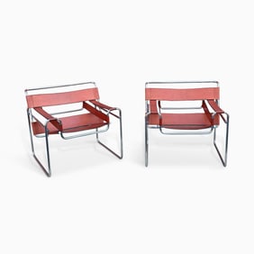 Pair of Tubular Metal and Leather "Wassily" Style Armchairs