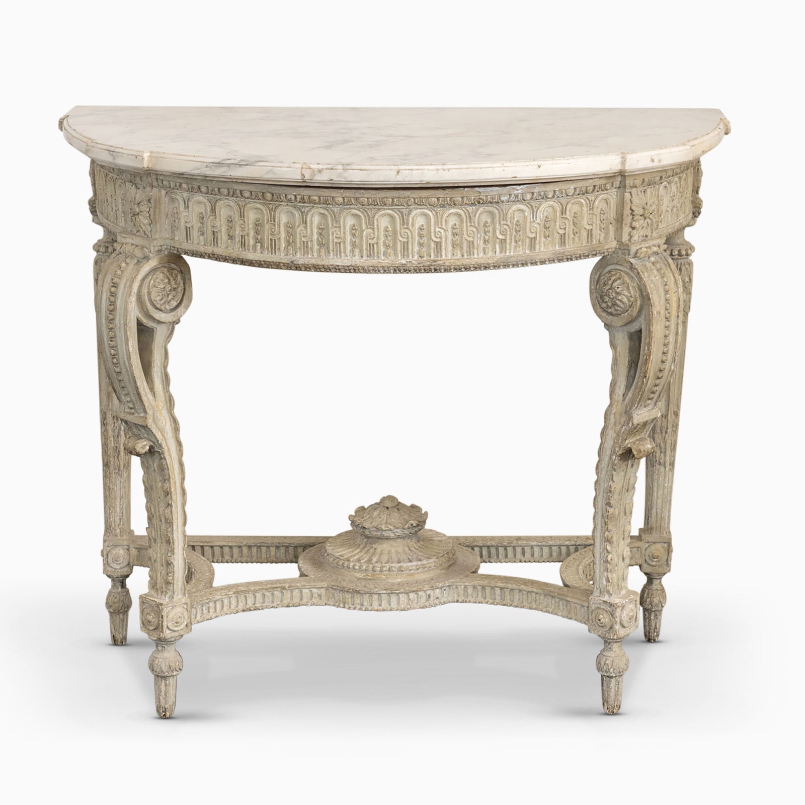 Louis XVI Grey Painted and Marble-Top Console Table: Second half 18th century With paneled frieze on scrolled front legs. Height 32 inches, width 37 inches, depth 21 1/2 inches.