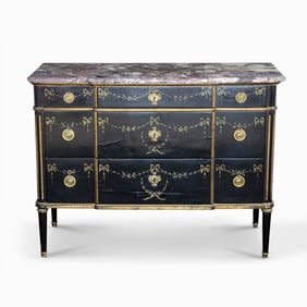 Louis XVI Style Polychrome and Parcel-Gilt Decorated Marble Top Commode