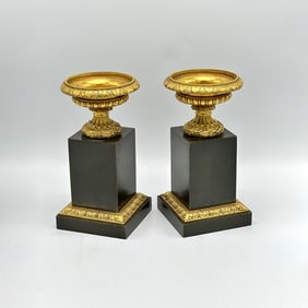 Pair of Miniature Gilt-Bronze Urns on Pedestals