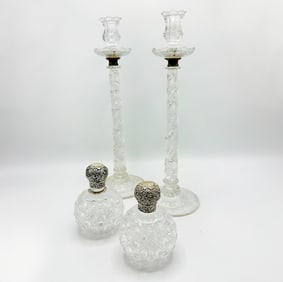 Pair of Sterling Silver-mounted Cut Glass Scent Bottles with a Pair of Cut Glass Candlesticks