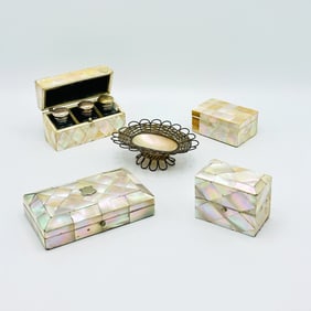 Group of Five Antique Mother-of-Pearl-mounted Table Articles