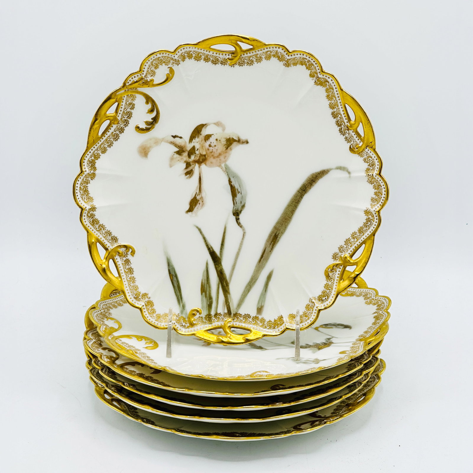 Set of Ten Haviland Limoges "Feu de Four" Porcelain Plates: Diameter 9 inches.