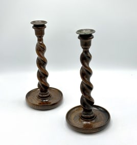Pair of English Oak Barley Twist Candlesticks