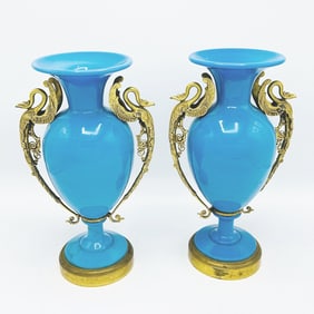 Pair of French Gilt-Metal Mounted Blue Opaline Glass Vases