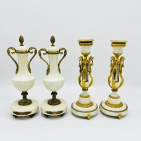 Pair of Louis XVI Style Gilt-Bronze and Marble Candlesticks and Pair of Garniture Urns