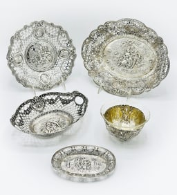 Group of Five Reticulated Silver Table Articles