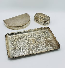 Two Gorham Sterling Silver Boxes; Together with a Victorian Sterling Silver Repousse Tray