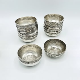 Two Sets of Six Persian Silver Bowls