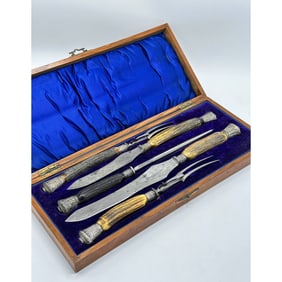 Victorian Five-Piece Sterling Silver Mounted Antler Handled Carving Set