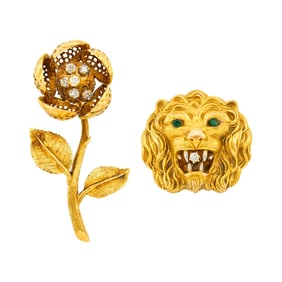 Tricolor Gold, Emerald and Diamond Lion Pendant-Brooch and 'En Tremblant' Flower Brooch