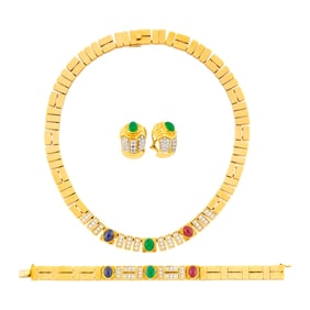 Gold, Cabochon Gem-Set and Diamond Necklace, Bracelet and Pair of Earclips