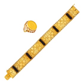 Gold and Black Onyx Bracelet and Two-Color Gold and Gold Coin Ring