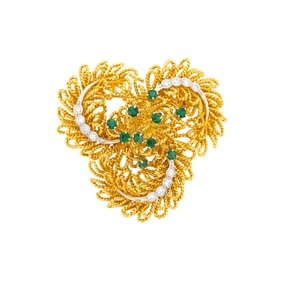 Two-Color Gold, Diamond and Emerald Brooch