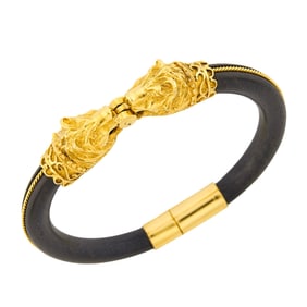Gold and Wood Wolf Head Bangle Bracelet