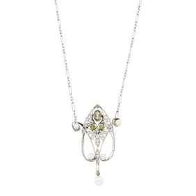 Art Nouveau Gold, Platinum, Green Stone, Demantoid Garnet, Diamond and Pearl Pendant-Necklace