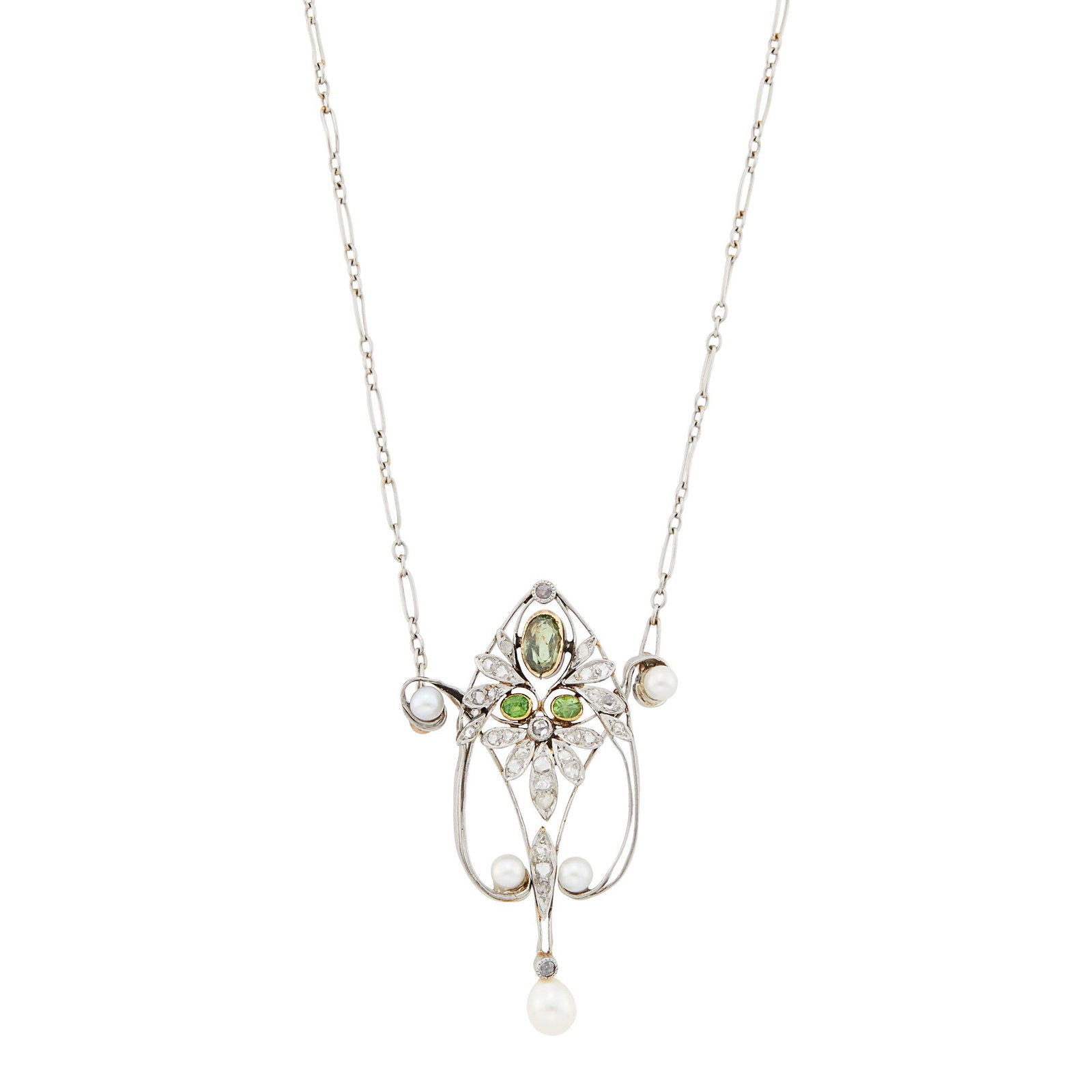 Art Nouveau Gold, Platinum, Green Stone, Demantoid Garnet, Diamond and Pearl Pendant-Necklace: Oval green stone, round demantoid garnets, pearls ap. 4.3 to 3.0 mm., small rose-cut diamonds, ap. 4.6 dwts. Length 19 3/4 inches. The pearls have not been tested. * Demantoid garnets: