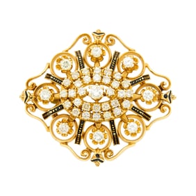 Antique Gold, Black Enamel and Diamond Pendant-Brooch