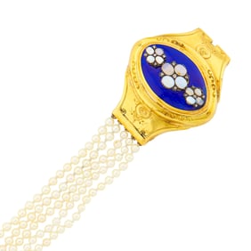 Five Strand Cultured Pearl, Gold, Blue Enamel and Opal Bracelet