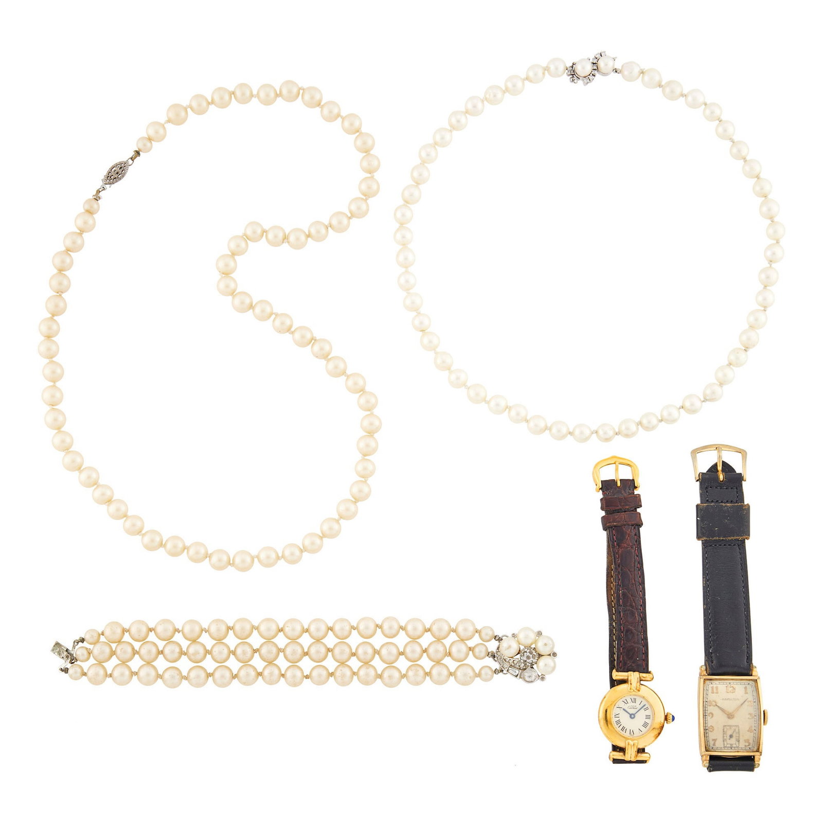 Group of Cultured and Imitation Pearl, Gold-Filled and Vermeil Jewelry: Including one cultured pearl necklace, pearls ap. 7.2 mm., small single-cut diamonds, imitations pearl necklace and bracelet, one vermeil wristwatch signed must de Cartier, and one gold-filled wristwa