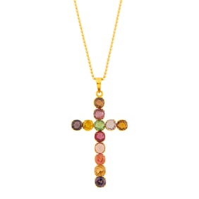 Gold and Gem-Set Cross Pendant with Chain Necklace